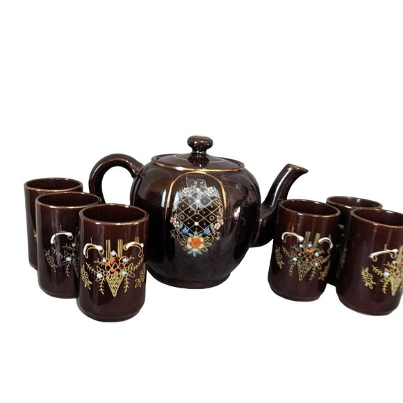Vintage Japan Teapot With 6 Cups Sake Set Brown/Blue Floral Hand-Painted 3" Heig - Picture 1 of 10